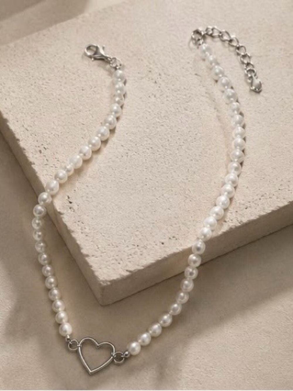 Elegant White Pearl Necklace with Silver Heart Loop